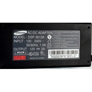 CARGADOR / ADAPTADOR DE FUENTE DE ALIMENTACION SAMSUNG AC/DC / NUMERO DE PARTE DSP-3612A / ENTRADA VCA 100-240V~ 50/60HZ, 1.5A / SALIDA VCD 12V 3A  / EPS-3 / MODELO DSP-3612A